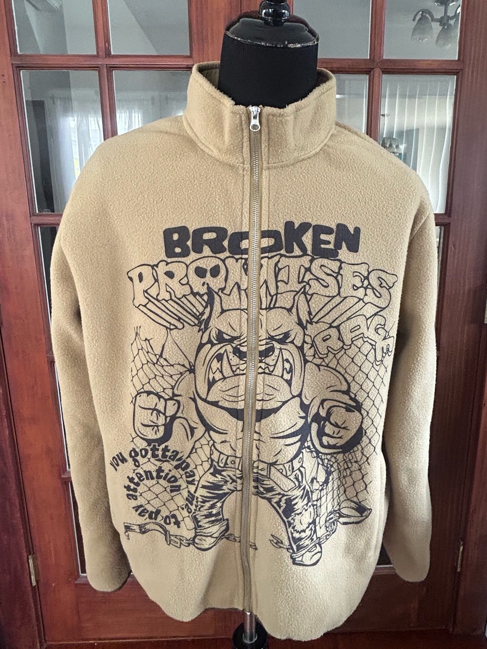 Broken Promises Men's Beige Full Zip Graphic Logo Fleece Jacket Stand-Up XL